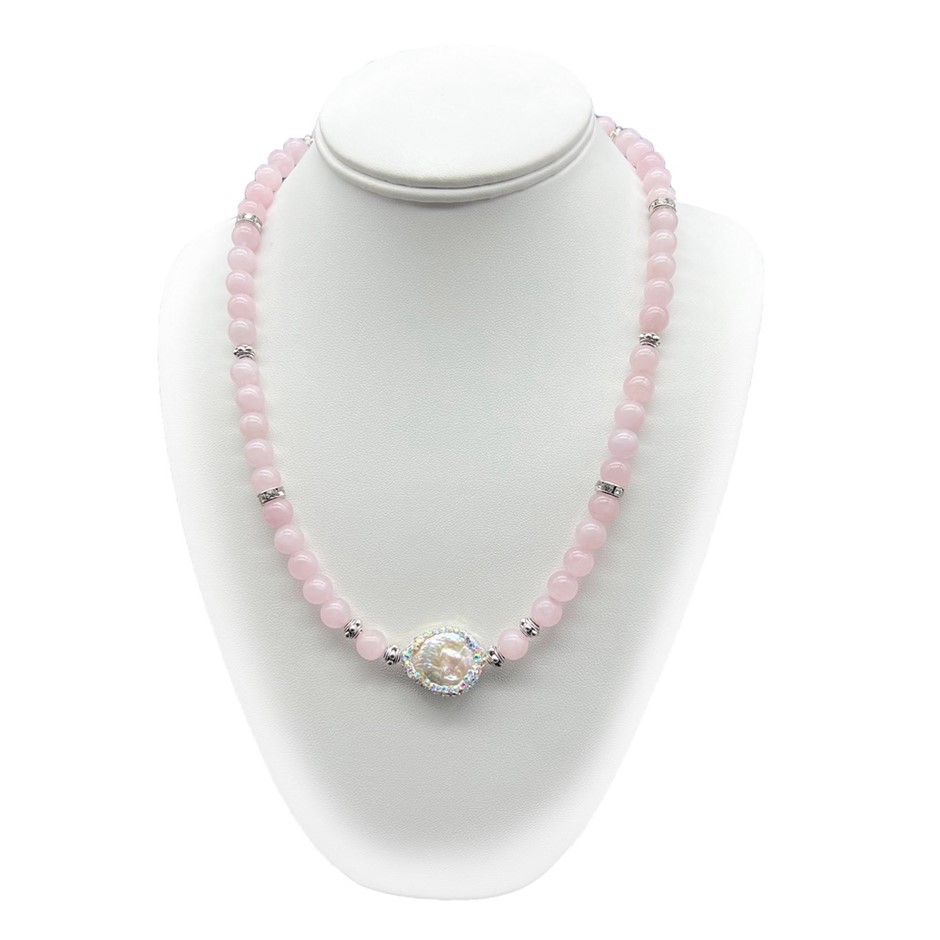 8mm Rose Quartz & Blister Pearl with Rhinestone Beaded Necklace