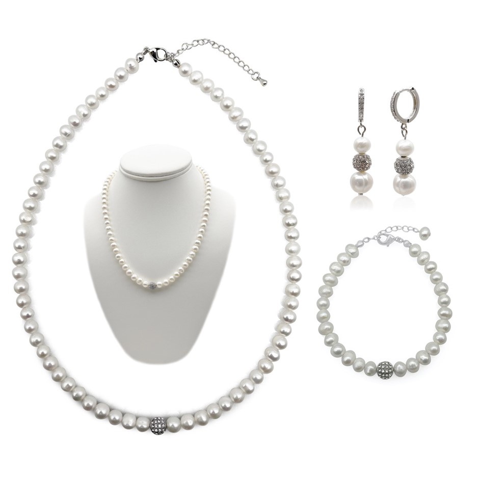 7-8mm White Pearl Real Platinum Plated Jewellery Set