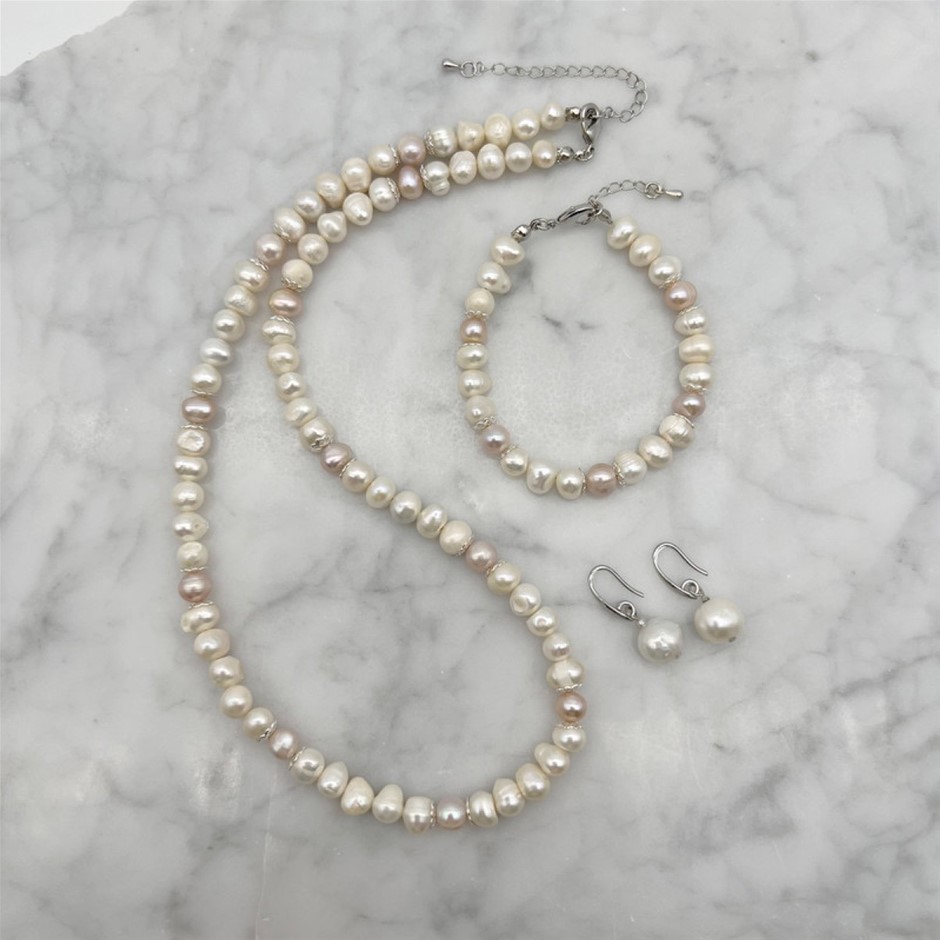 7-8mm White & Pink Pearls Platinum Plated Jewellery Set
