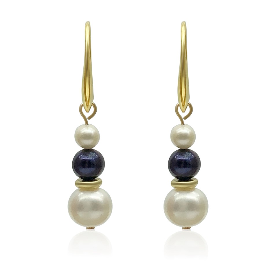 5-10mm White & Black Freshwater Pearl Real 18k Gold Plated Drop Earrings
