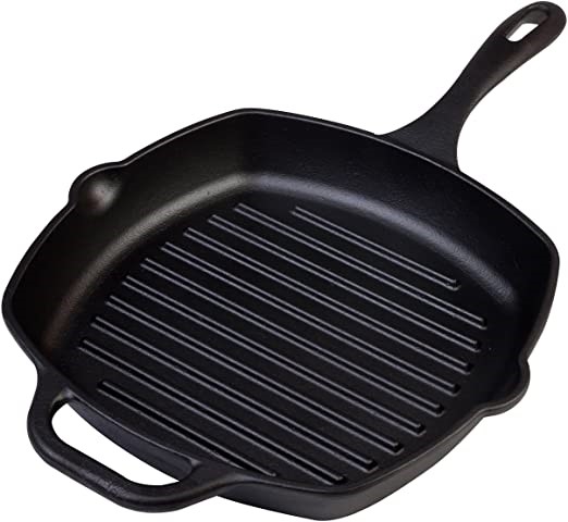 VICTORIA Cast Iron Square Grill Pan with Lines, 10 x 10 Inch, Seasoned. NB: