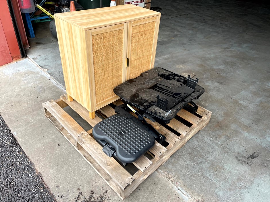 <p>Sit Stand Desk Converter, Adjustable Foot Rest and Small Cupboard</p>