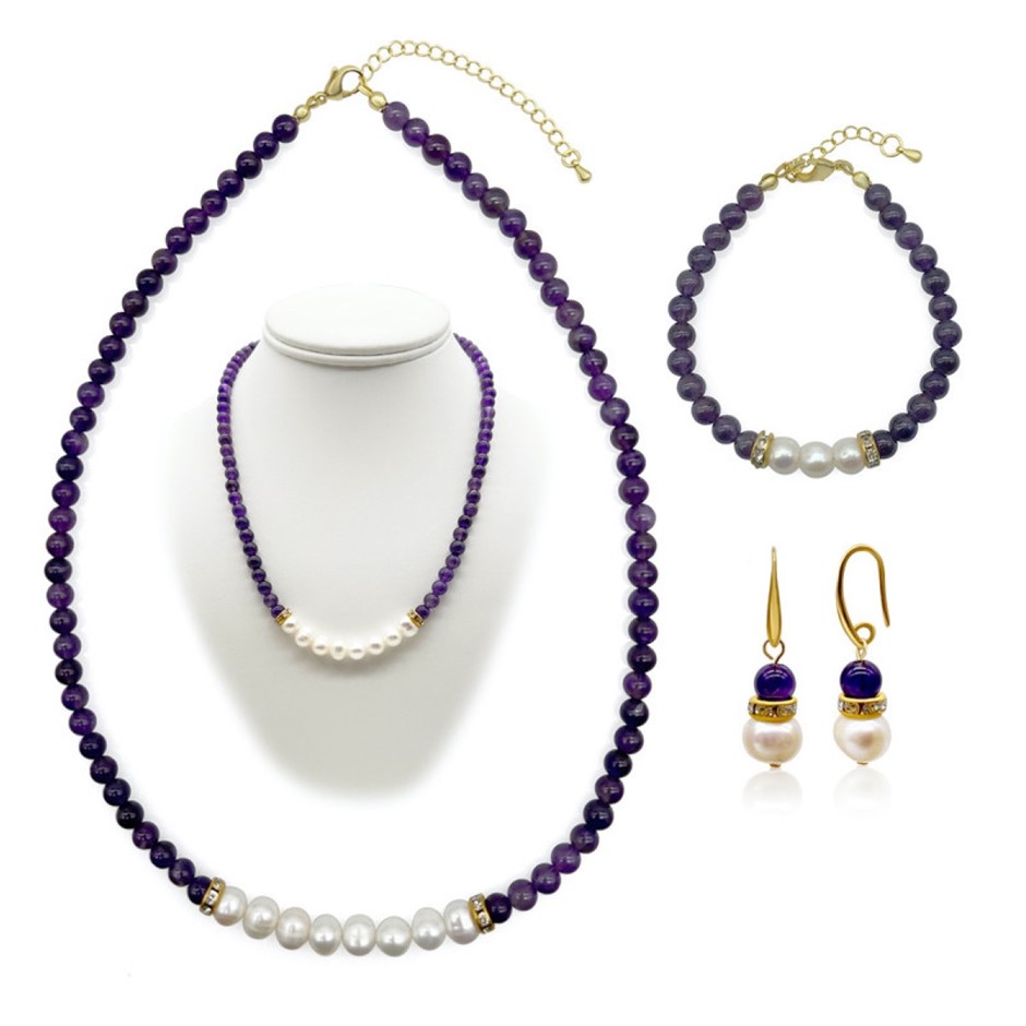 7-8mm Pearl & Amethyst Real 18k Gold Plated Jewellery Set