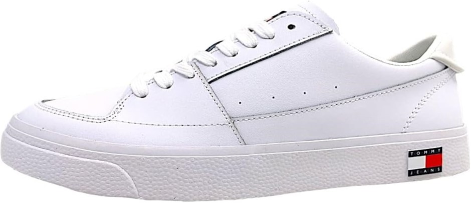 TOMMY JEANS Men's Essential Badge Leather Sneaker, White, Size EU 46 (EM0EM
