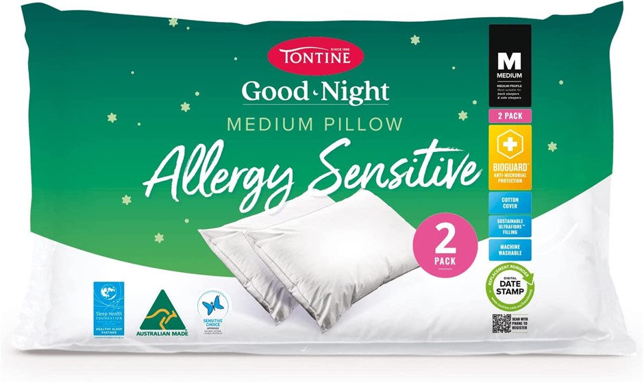 2 x TONTINE Goodnight Allergy Sensitive Medium Pillow (Pack of 2). NB: Dama