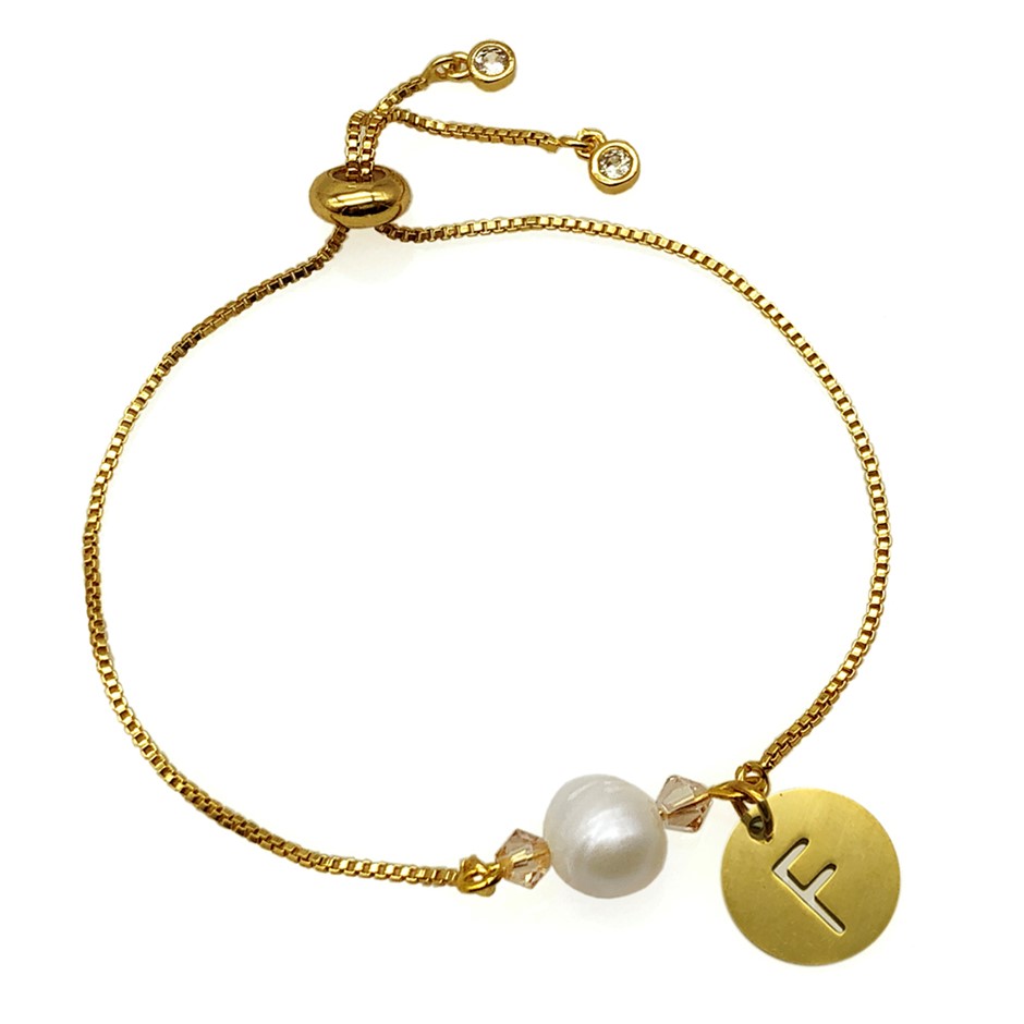 8-9mm Pearl & Swarovski Crystal & Initial Letter 'F' Charm Bracelet