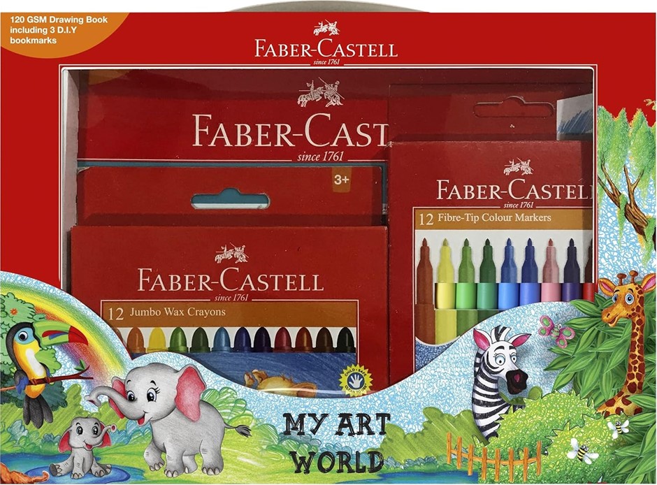 FABER-CASTELL My Art World Set - Includes 12 Jumbo Wax Crayons, 12 Fibre-Ti