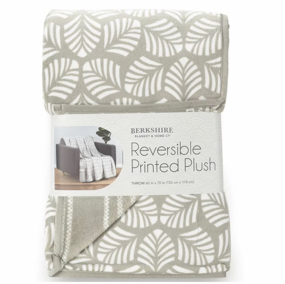 BERKSHIRE LIFE Reversible Printed Plush Throw, 152cm x 178cm, Sage.