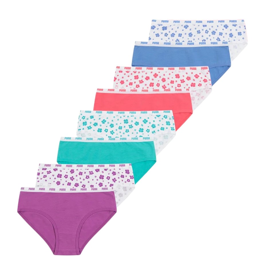 8-Pack PUMA Girls' Bikini Underwear, Size US M, 95% Cotton, Purple/Green/Bl