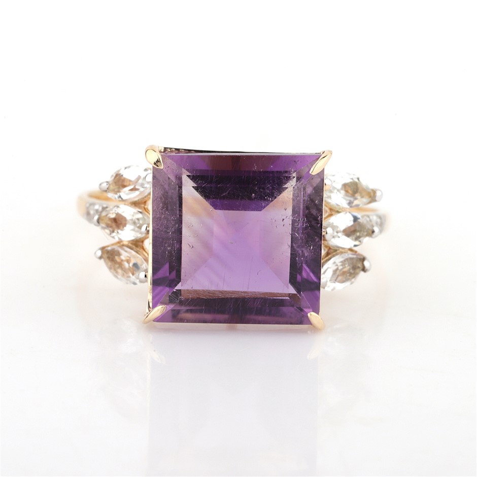 Yellow Gold Natural Amethyst & Diamond Ringwith Valuation