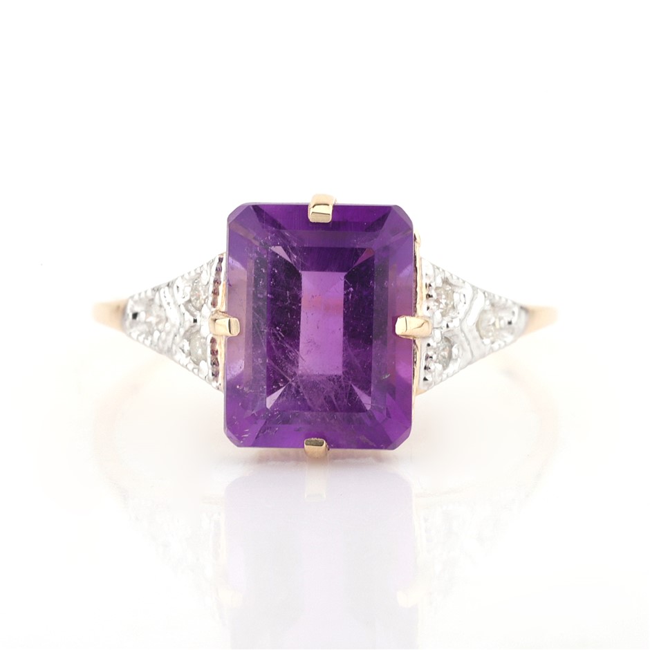 Yellow Gold Natural Amethyst & Diamond Ring with valuation