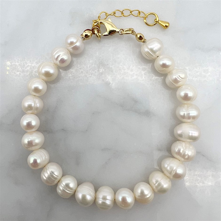 7-8mm Potato Shape Pearl with Real 18k Gold Plated Bracelet