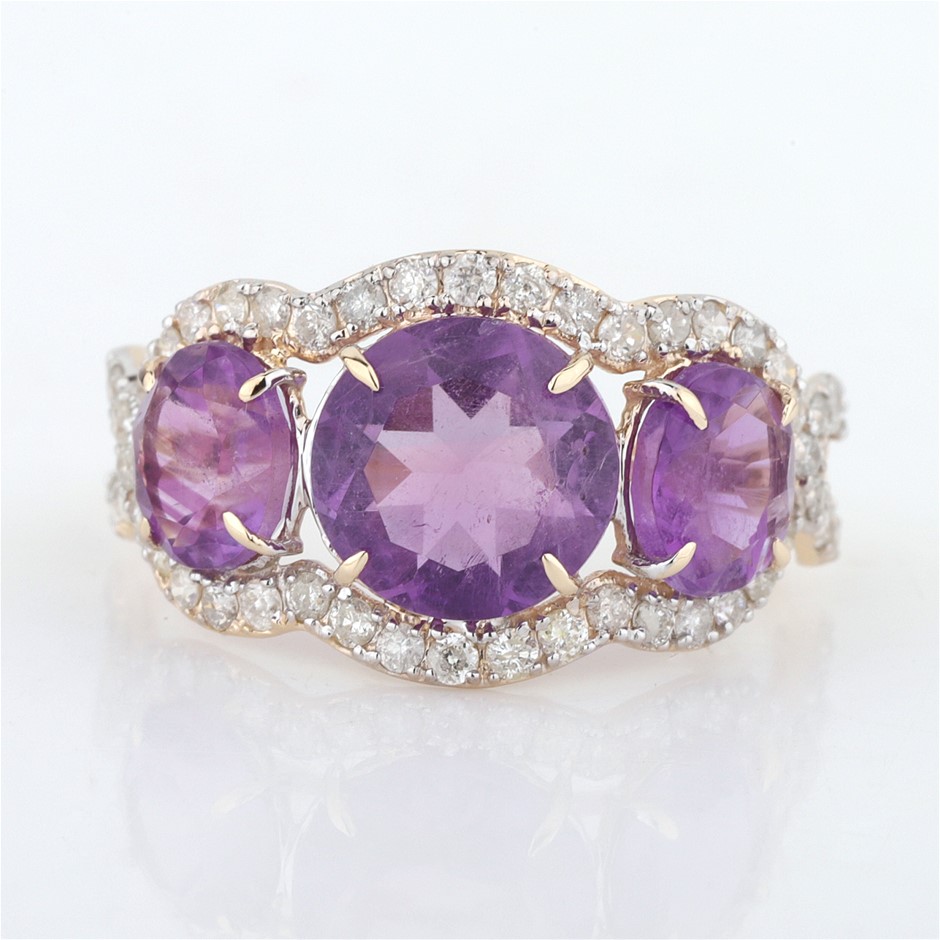 Yellow Gold Natural Amethyst & Diamond Ringwith Valuation