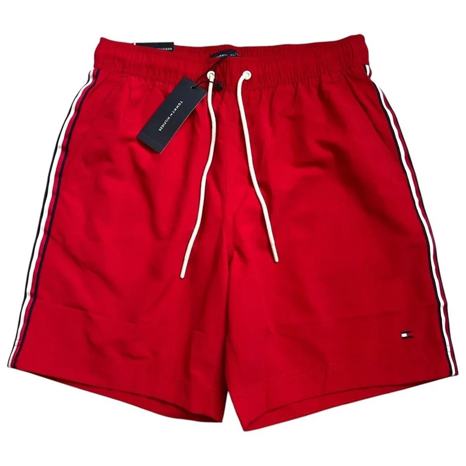 TOMMY HILFIGER Men's 7" Beach Swim Trunks, Size L, 100% Nylon, Primary Red