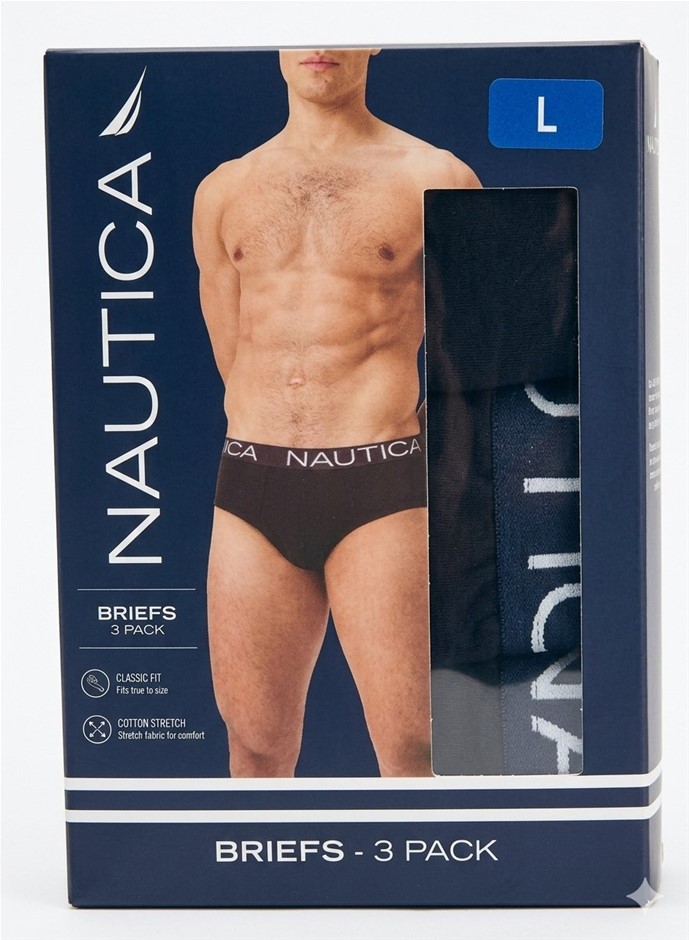 NAUTICA Men's 3 Pack Cotton Stretch Briefs, Size L, 95% Cotton, Black.
