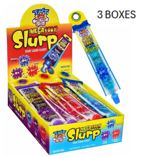 TNT Mega Sour Slurp Strawberry, Blueberry, Grape (23g x 24 x 3 Boxes) BB: M