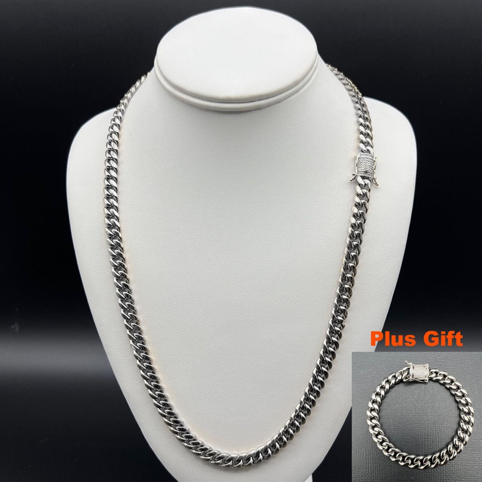 Silver-Filled Cuban Necklace with Simulated Diamond Clasp, 8MM - 55.8cm