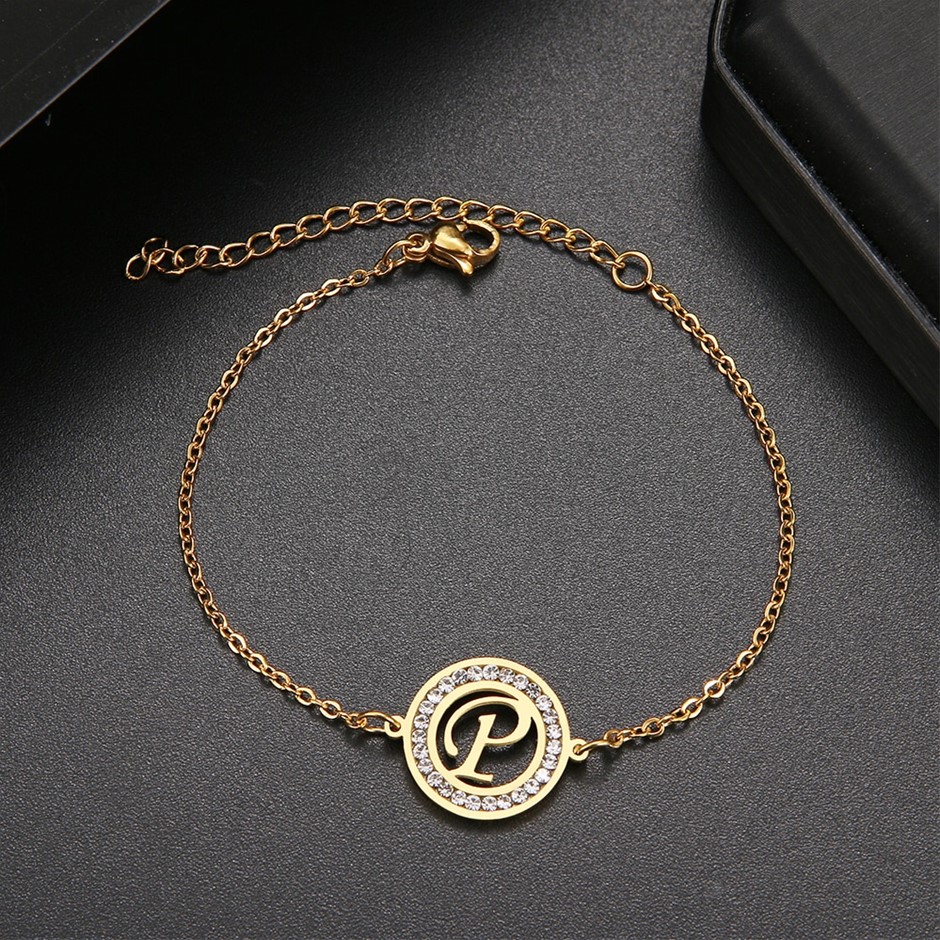 Stainless Steel Initial 'P' Bracelet with Simulated Diamonds - Yellow