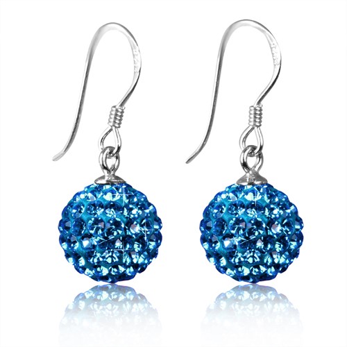 Aqua Crystal Disco Ball Earrings made with solid 925 Sterling Silver