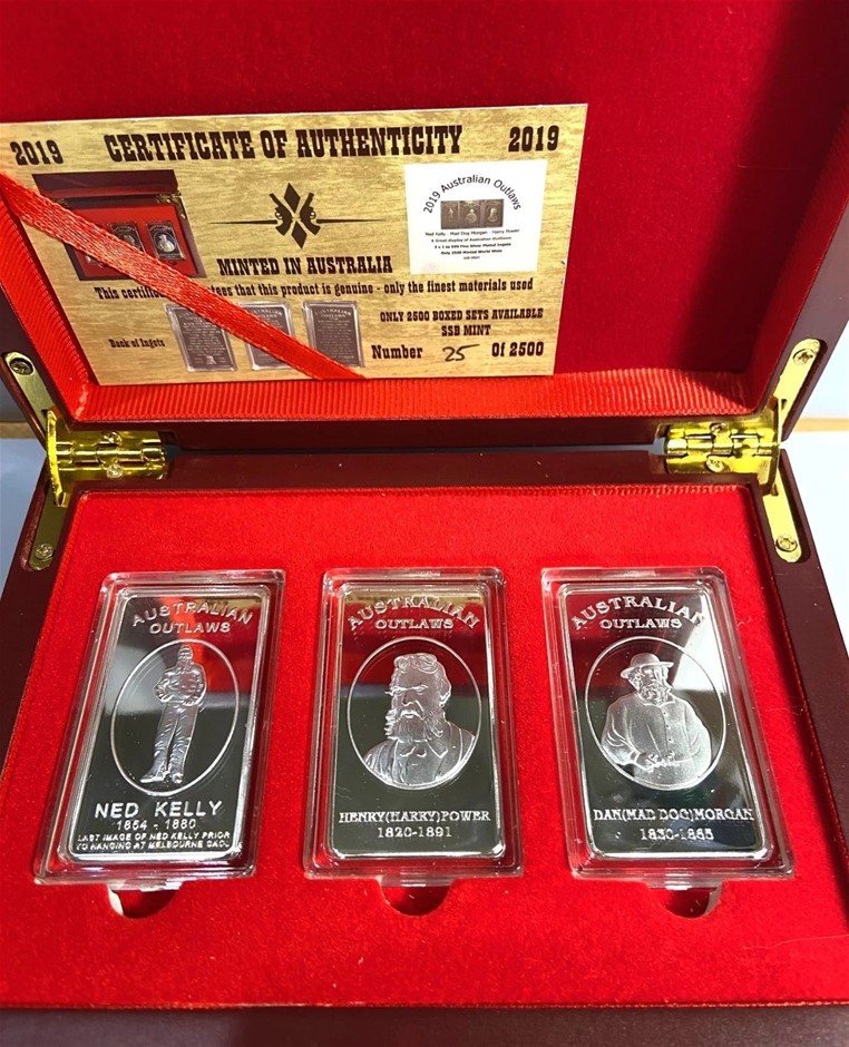 3 x 1 oz Ingots Finished in 999 Silver, Australian Outlaws D/Box, Ltd 2500