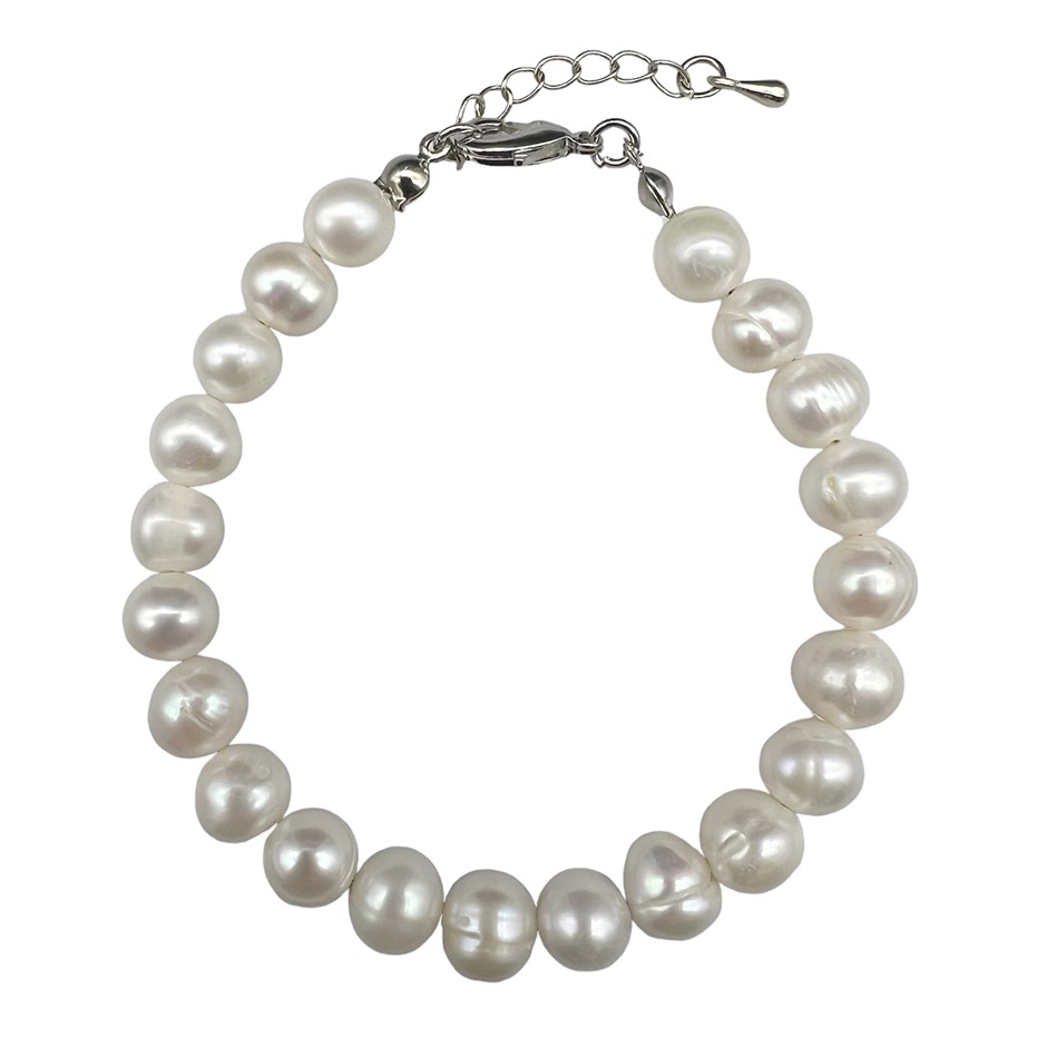 8-9mm White Potato Shape Pearl with Platinum Plated Bracelet