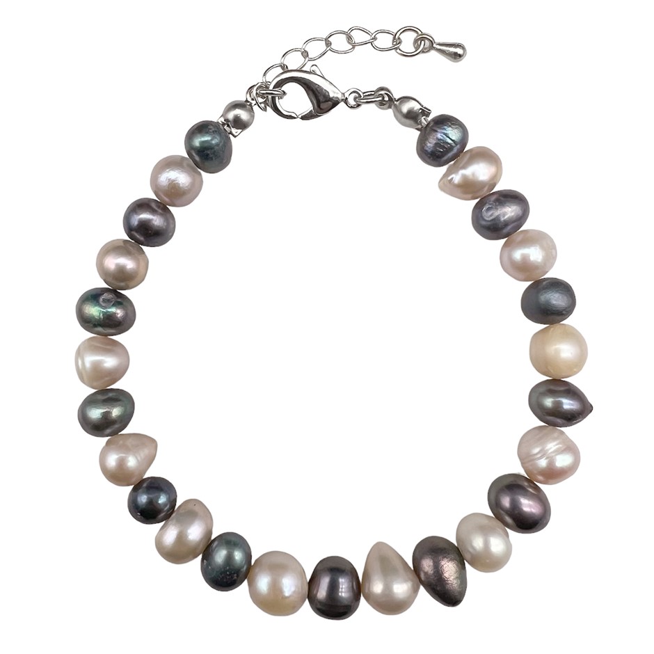 6-7mm Black & Pink Potato Shape Pearl with Platinum Plated Bracelet