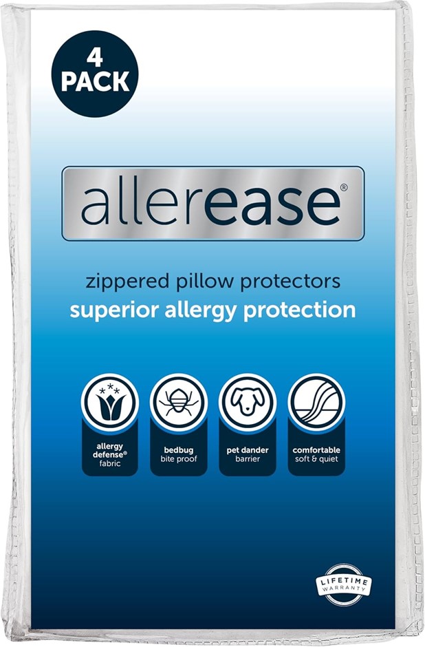 ALLEREASE Zippered Pillow Protectors, Stanard/Queen Size, Set of 4. NB: Dir