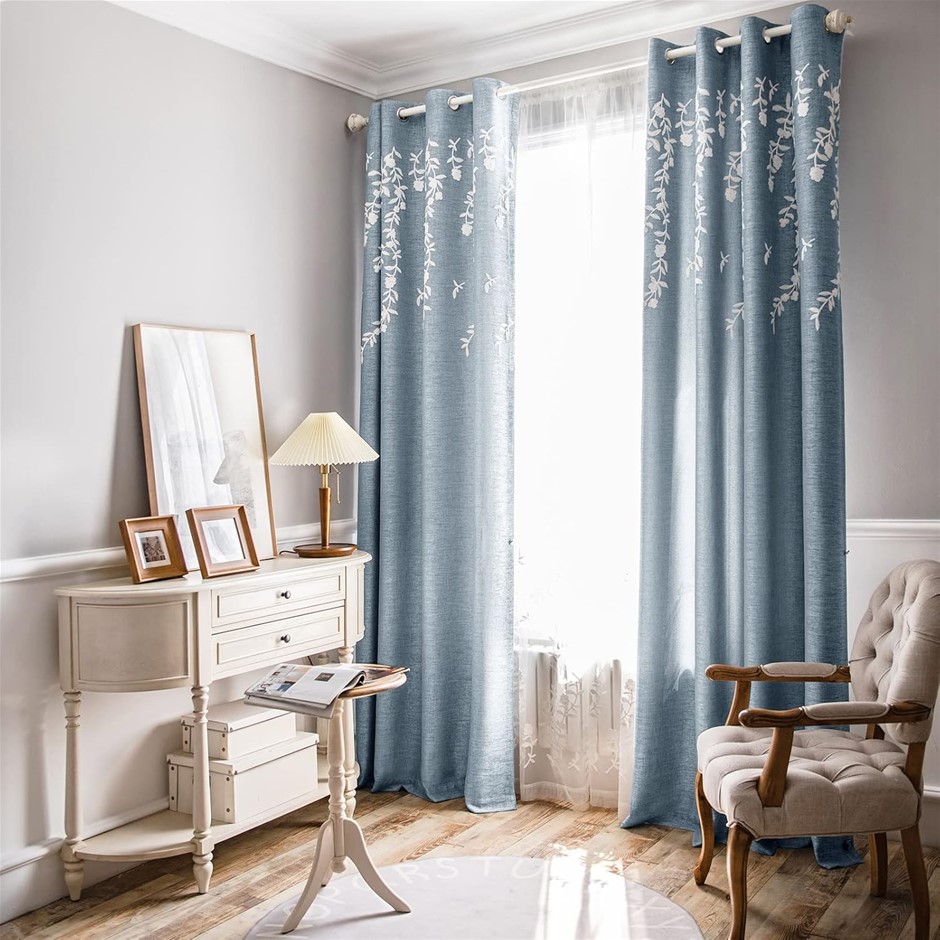 MELODIEUX Flower Embroidery Linen Blackout Blue Curtains for Living Room Be