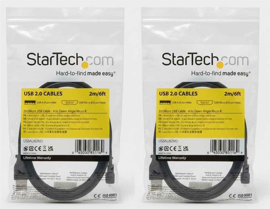 2 x StarTech.com 2m Micro USB Cable Cord, Black (USBAUB2MD)