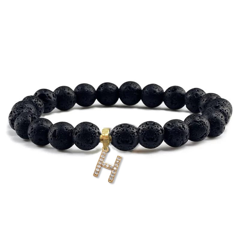 Designer Unisex Black Volcanic Lava Rock Beaded Crystal Initial"H" Bracelet