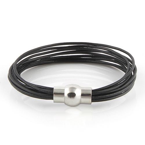Black Leather Bracelet with Stainless Steel Clasp