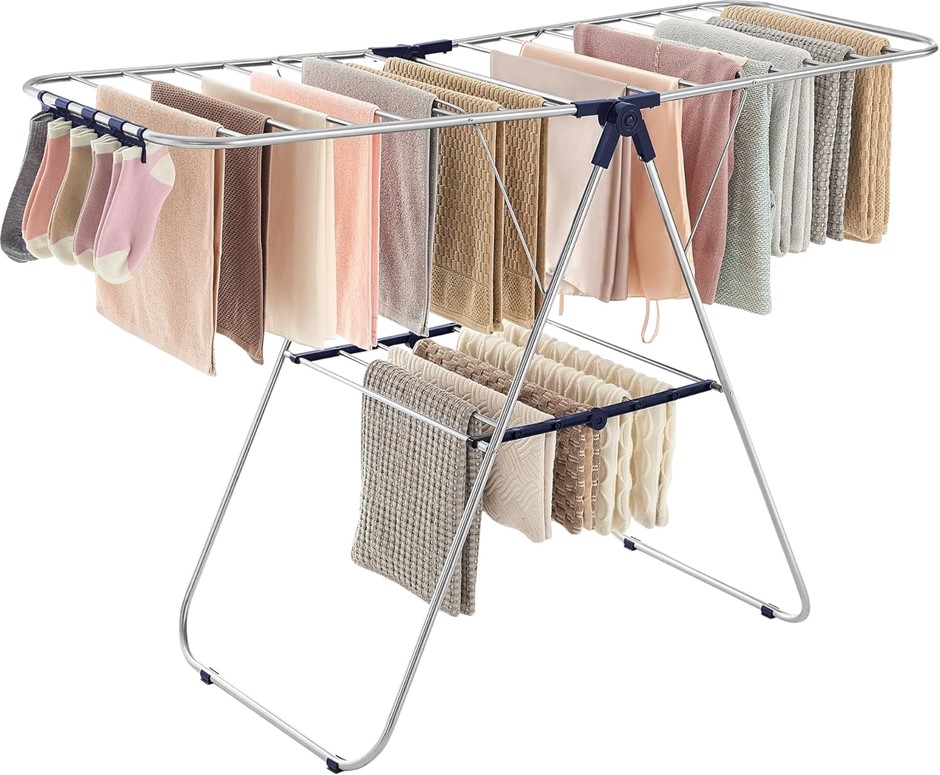 SONGMICS Clothes Drying Rack, with Sock Clips, Metal Laundry Rack, Foldable
