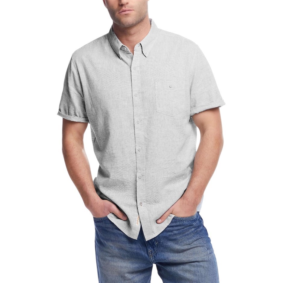 WEATHERPROOF Men's Linen S/S Shirt, Size XXL, 55%Linen/45%Cotton, Grey. Bu