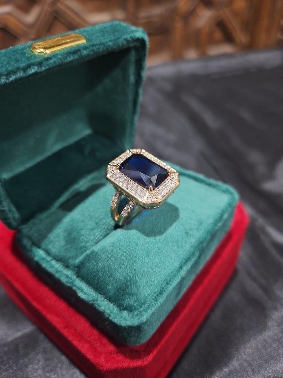 18K/Italy 8.0ct Blue Emerald Yellow Gold Filled Ring(Stamped)Quality-9US