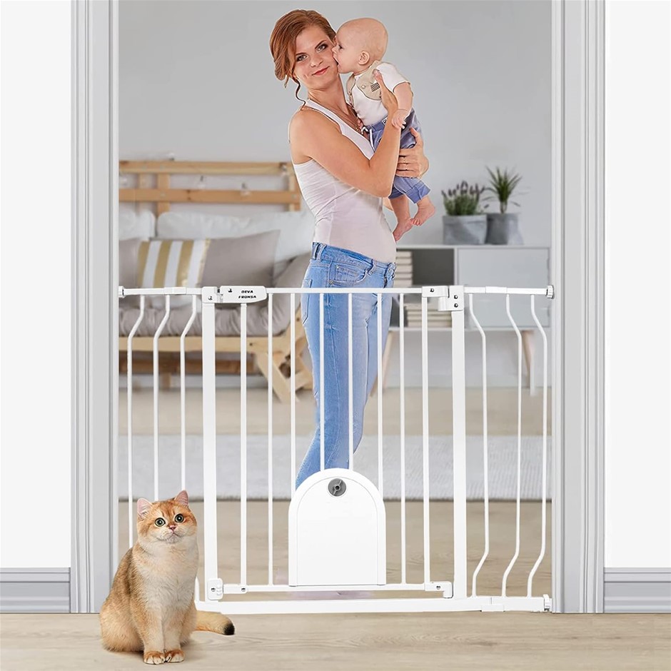 DEVA Self-Closing Metal Baby Gate - Baby Safety Gate with Cat Door, Pressur