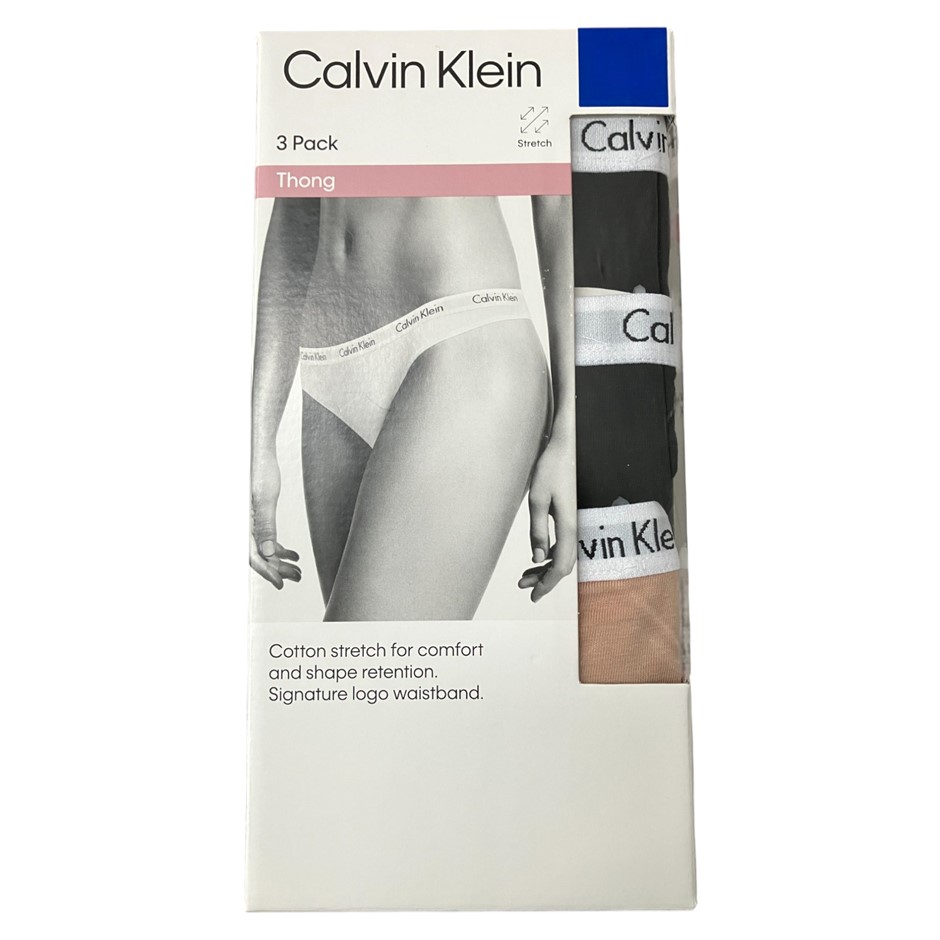 3-Pack CALVIN KLEIN Women's Thongs, Size XL, 90% Cotton, Black/Natural (6XY