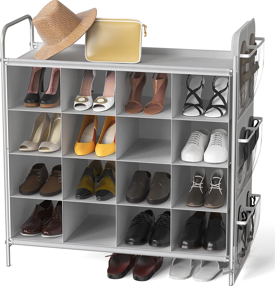 SIMPLE HOUSEWARE 4-Tier 16-Cube Shoe Rack Organizer, Grey.