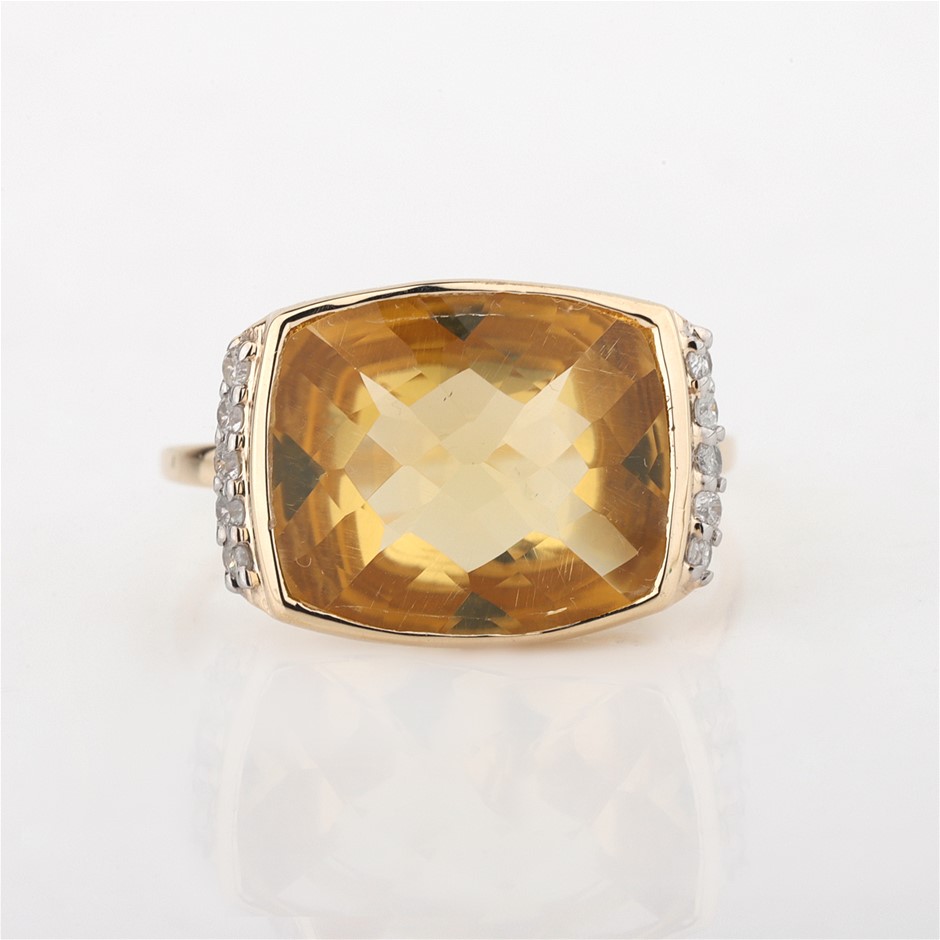 Yellow Gold Natural Citrine & Diamond Ring with Valuation