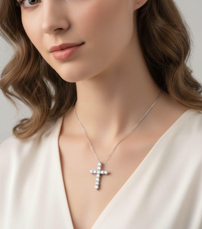 GRA Moissanite White Brilliant Cut Stone Cross Pendant -S925-