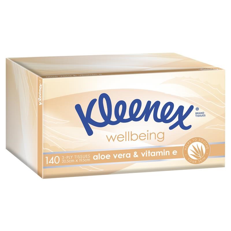 15 x KLEENEX Wellbeing Tissues Aloe Vera & Vitamin E, 140 x 3-ply. N.B. Dam