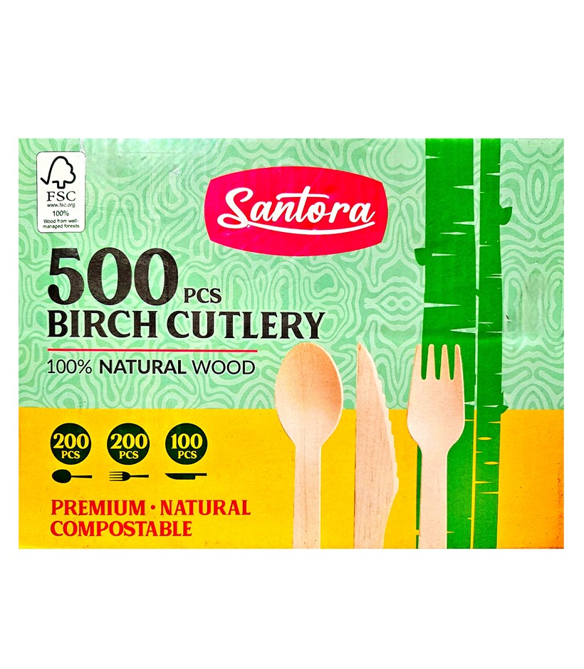 2 x Pack of 500pc SANTORA Assorted Birch Cutlery. N.B: Damaged packaging.