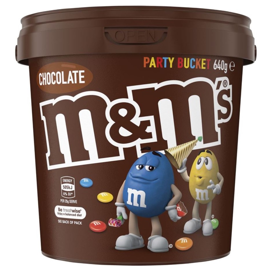 2 x M&M's Milk Chocolate Party Bucket, 640g. N.B: Damaged packaging.