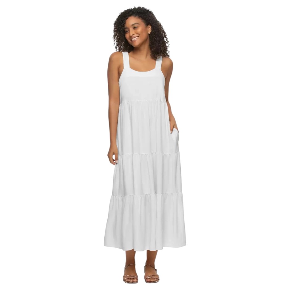 JEZEBEL Women's Tiered Dress, Size L, White. NB: Minor dirt marks on neckli