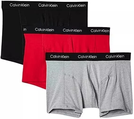 0145-3140637 · 3-Pack CALVIN KLEIN Men's Trunks, Size XL, Cotton Stretch, Black/Red/Grey (