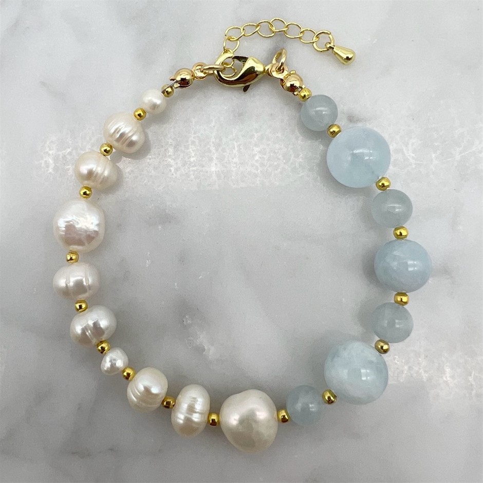 Pearl Flat Edge Baroque, Pearls & Aquamarine 18k Gold Plated Bracelet