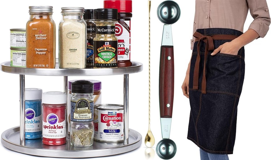 4 x KITCHEN BUNDLE: Chef Works Memphis Bistro Apron, Simpli-Magic 2-Tier Ra