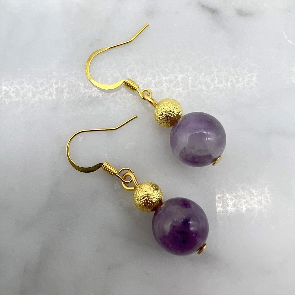 Amethyst Gemstone Gold Stardust Drop Earrings