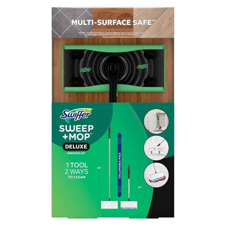 SWIFFER Sweep and Mop Deluxe Starter Kit NB: damaged box