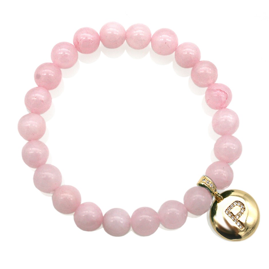 Round Rose Quartz & Letter 'P' Gold Plated with CZ Bracelet
