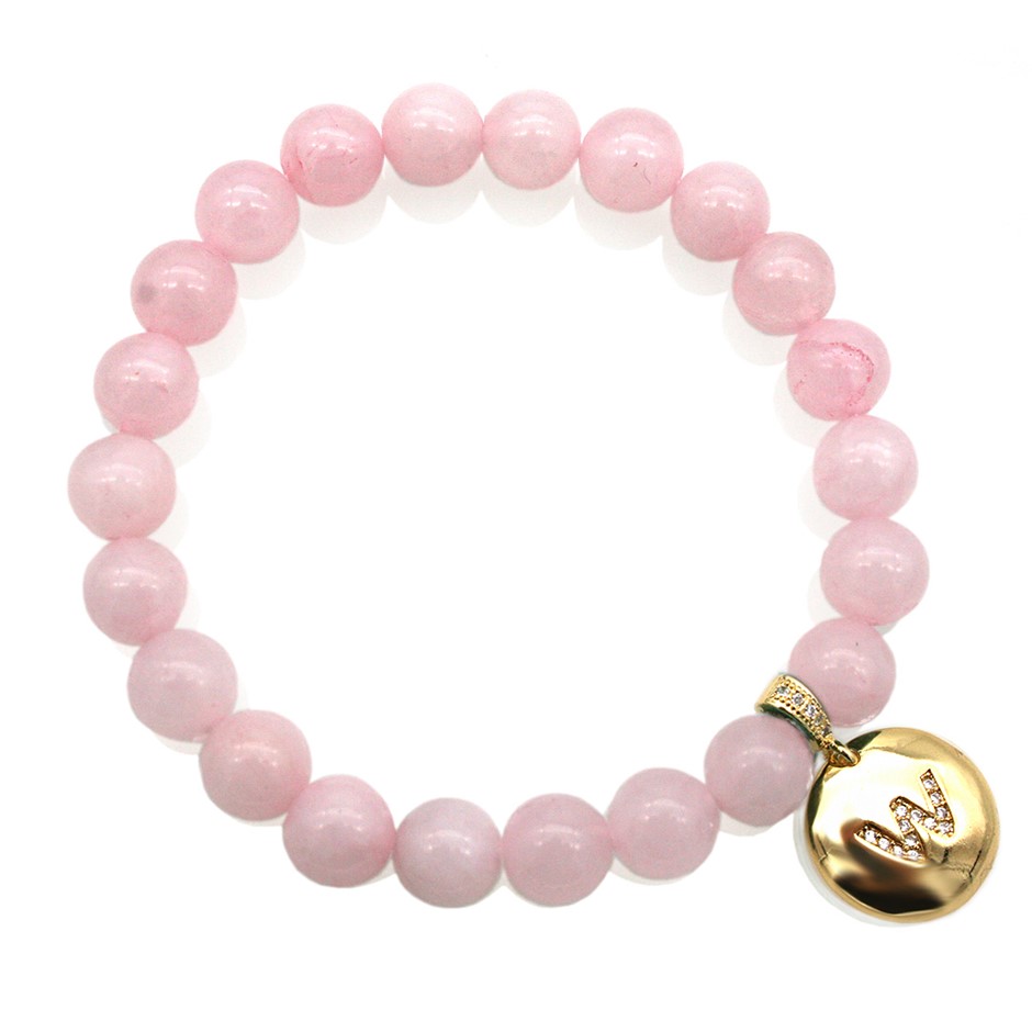 Round Rose Quartz & Letter 'W' Gold Plated with CZ Bracelet